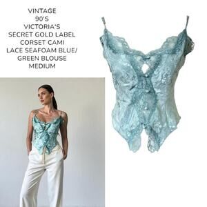 90'S VTG. VICTORIA'S SECRET LACE SEAFOAM BLUE CORSET CAMI TOP MEDIUM.